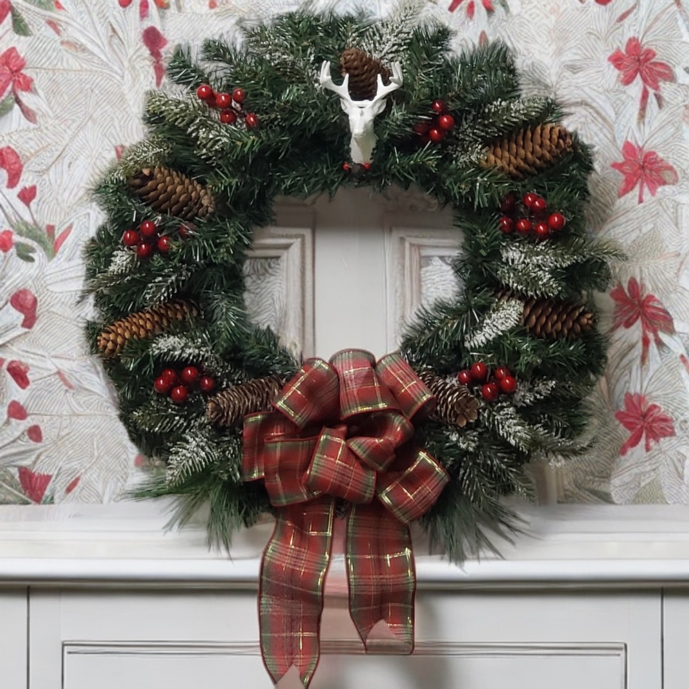 Holiday 20" Artificial Wreath Decorated with Pine Cones, Red Berries, Ribbon